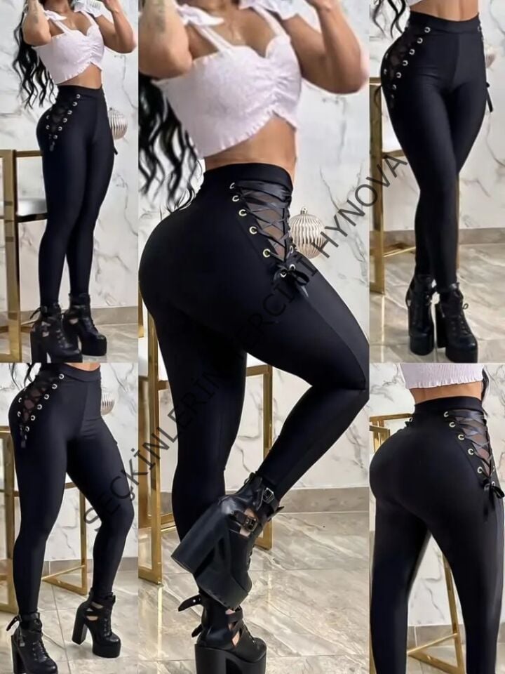 Kadın Yüksek Bel çapraz Bağcıklı Tül Detaylı Dalgıç Tayt