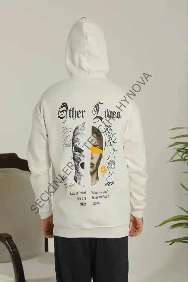 Erkek Sırt Baskılı Oversize Üç İplik Kapüşonlu Sweatshirt - Beyaz