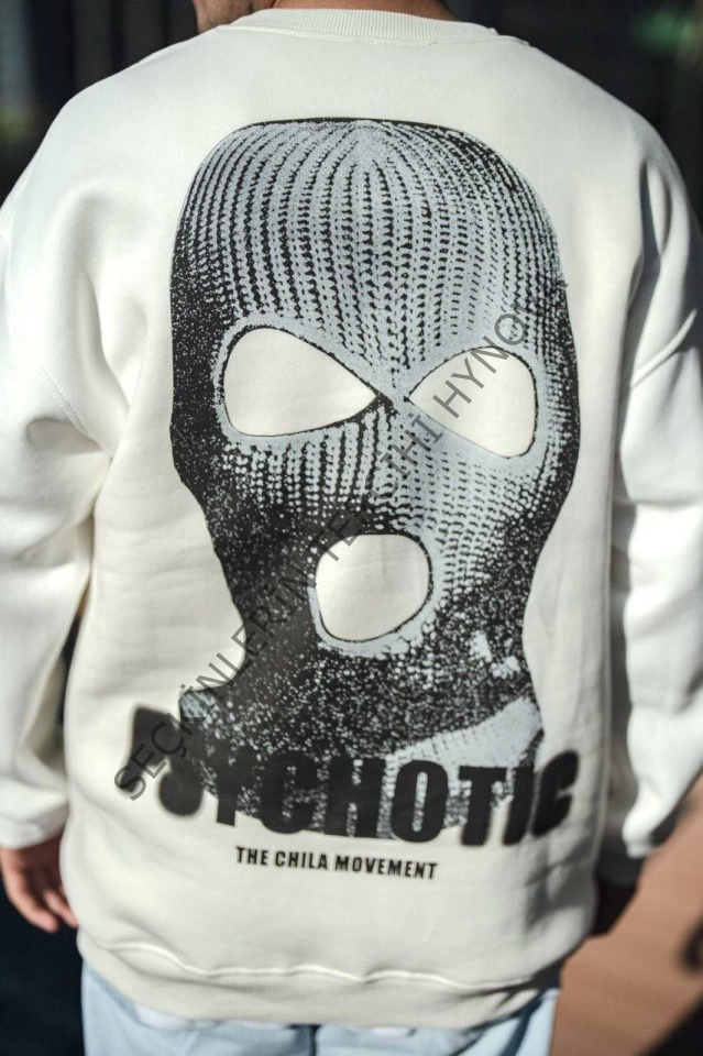 Kışlık Bisiklet Yaka Baskılı SweatShirt - Beyaz