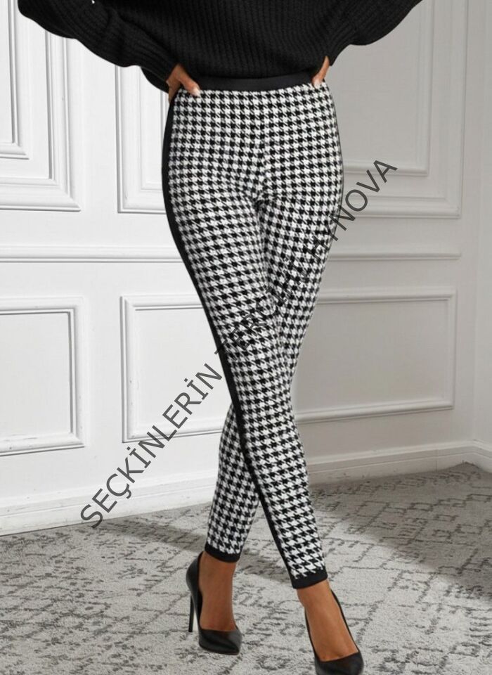 Kadın Yüksek Bel Kaz Ayağı Desenli Yanları şeritli Dalgıç Pantolon