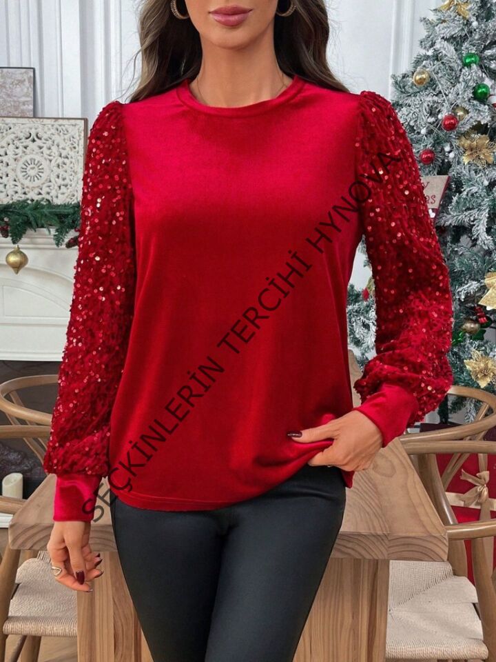 Kadın Uzun Kollu Bisiklet Yaka Kollar Pulpayet Kadife Bluz