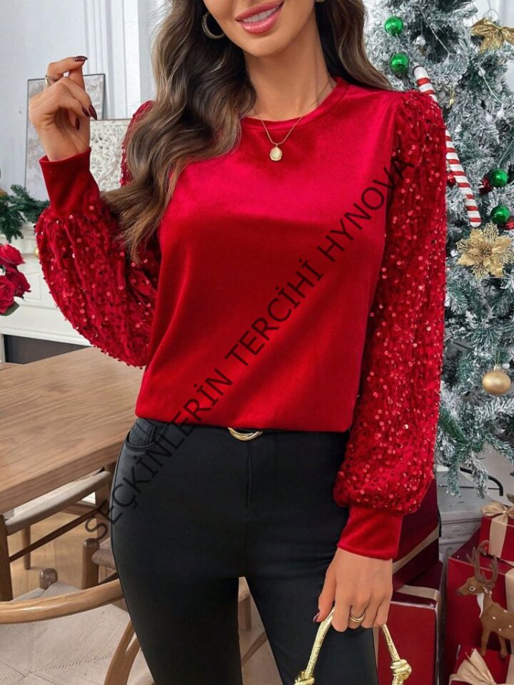 Kadın Uzun Kollu Bisiklet Yaka Kollar Pulpayet Kadife Bluz