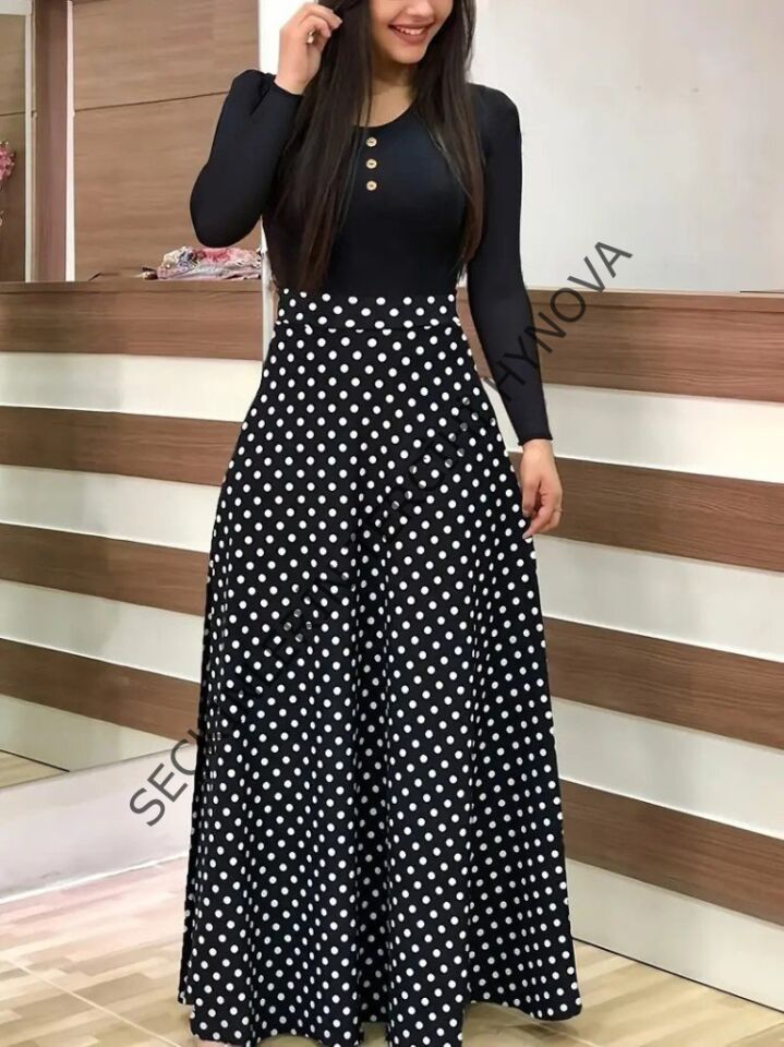 Kadın Uzun Kollu önü Düğmeli Viskon Bluz Eteği örme Maxi Krep Elbise