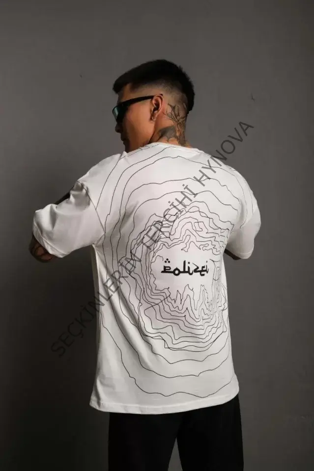 Erkek Bisiklet Yakalı Sırt Baskılı Oversize T-Shirt - Beyaz