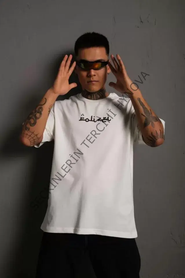 Erkek Bisiklet Yakalı Sırt Baskılı Oversize T-Shirt - Beyaz