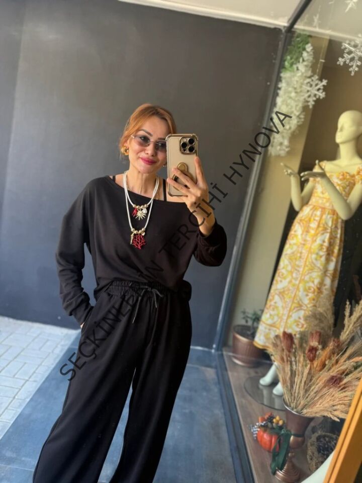 Kadın Uzun Kollu Tek Omuzdan Açık Viskon Iki Iplik Bluz Ve Pantolon Ikili Takım