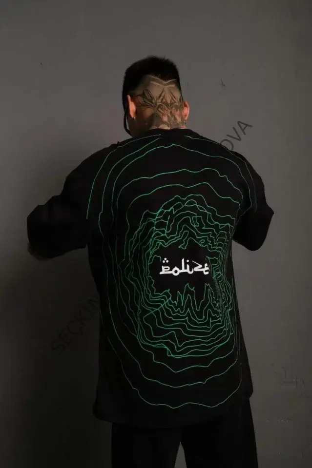 Erkek Bisiklet Yakalı Sırt Baskılı Oversize T-Shirt - Siyah