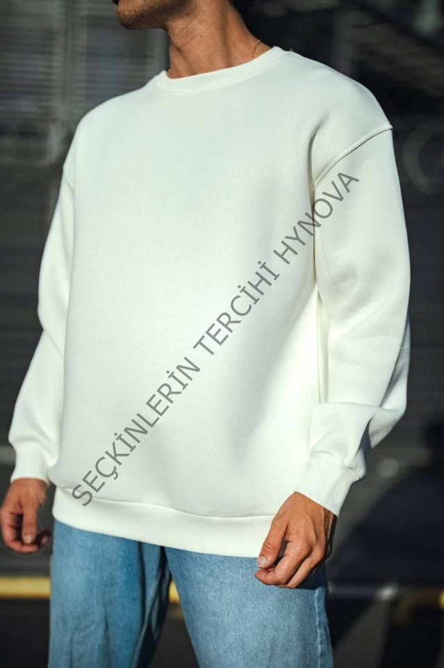 Kışlık Bisiklet Yaka Üç İplik Basic SweatShirt - Beyaz