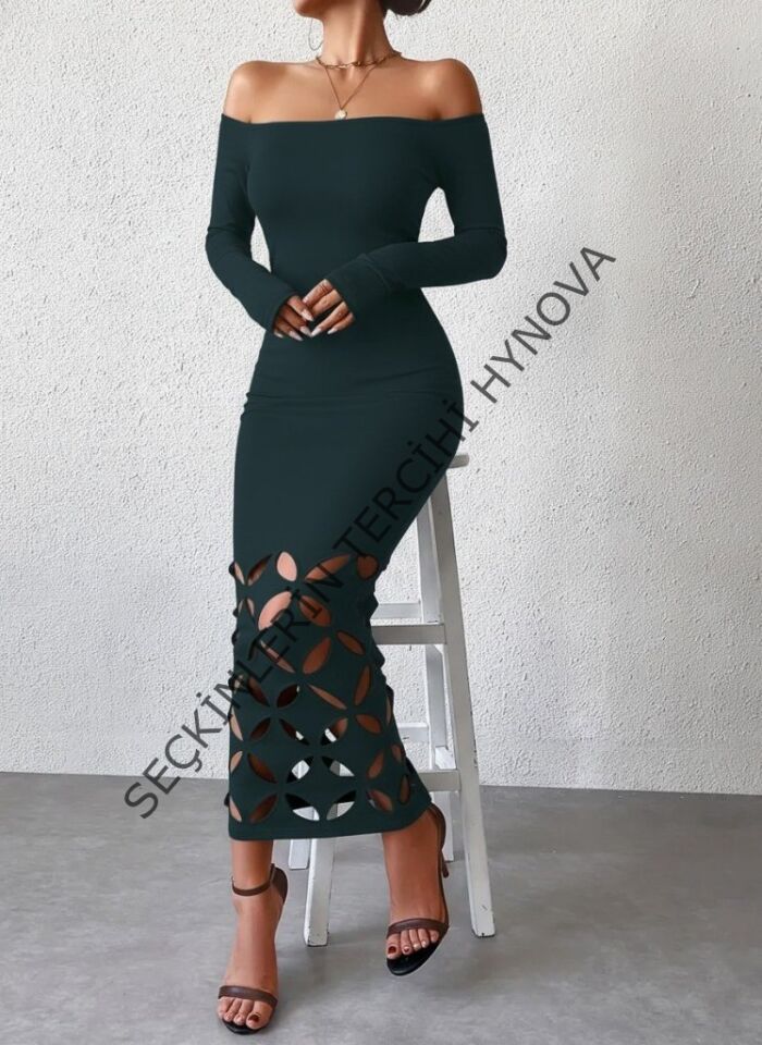 Kadın Madonna Yaka Uzun Kollu Lazer çiçek Kesim Detaylı Uzun Ithal Krep Elbise