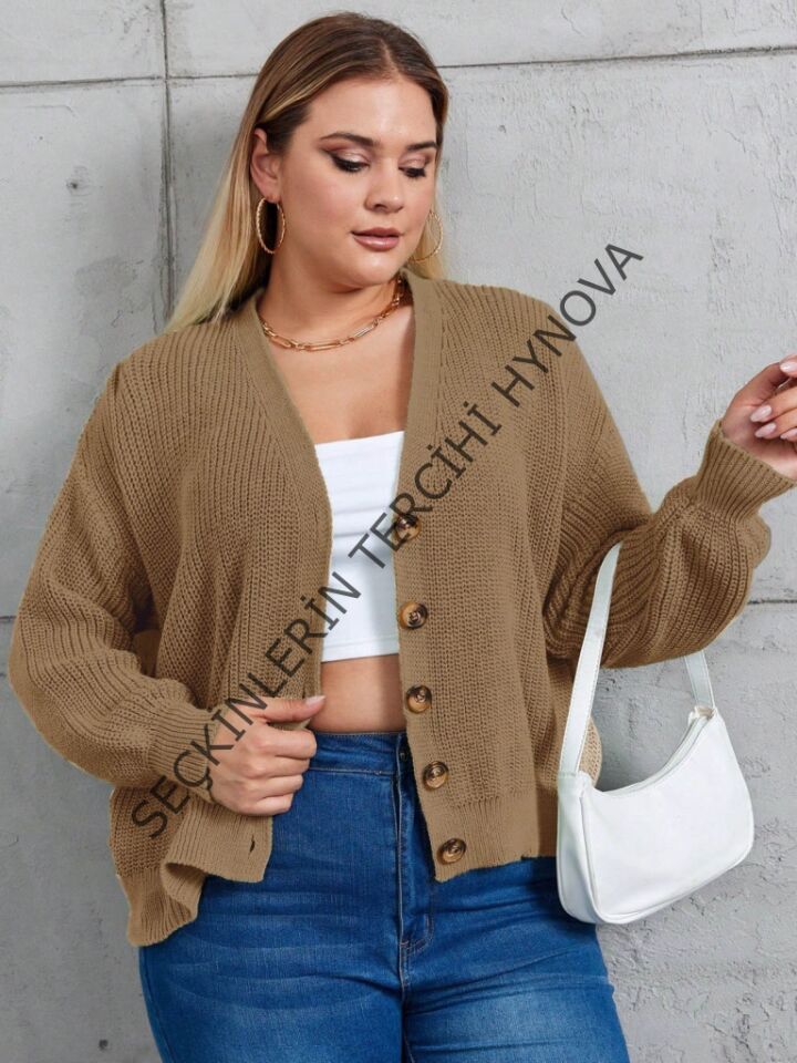 Kadın Beş Düğme Büyük Beden Triko Hırka