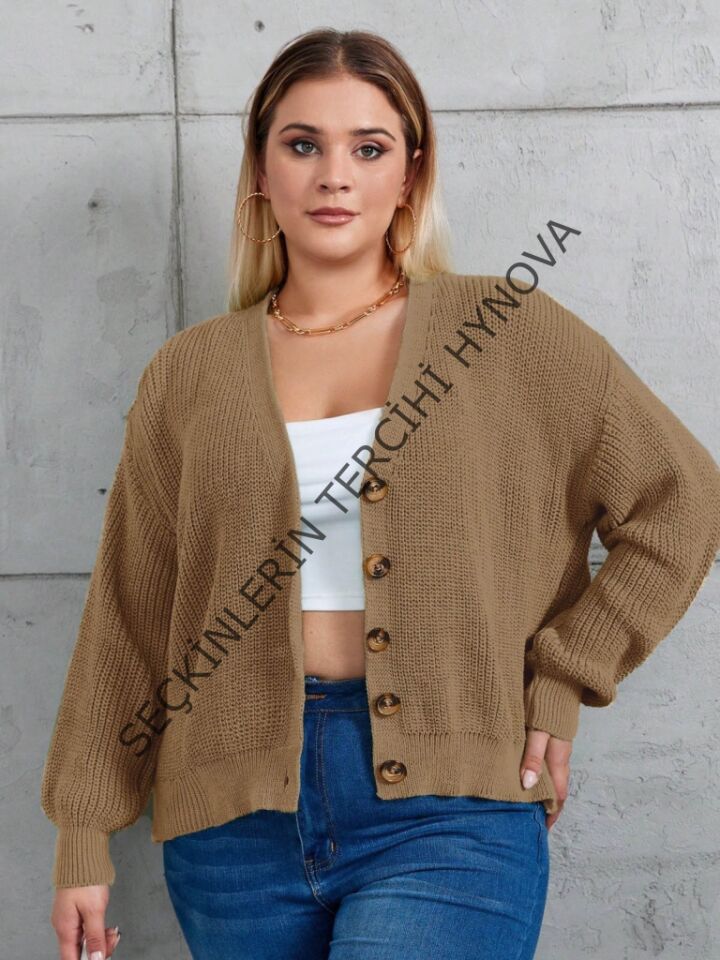 Kadın Beş Düğme Büyük Beden Triko Hırka