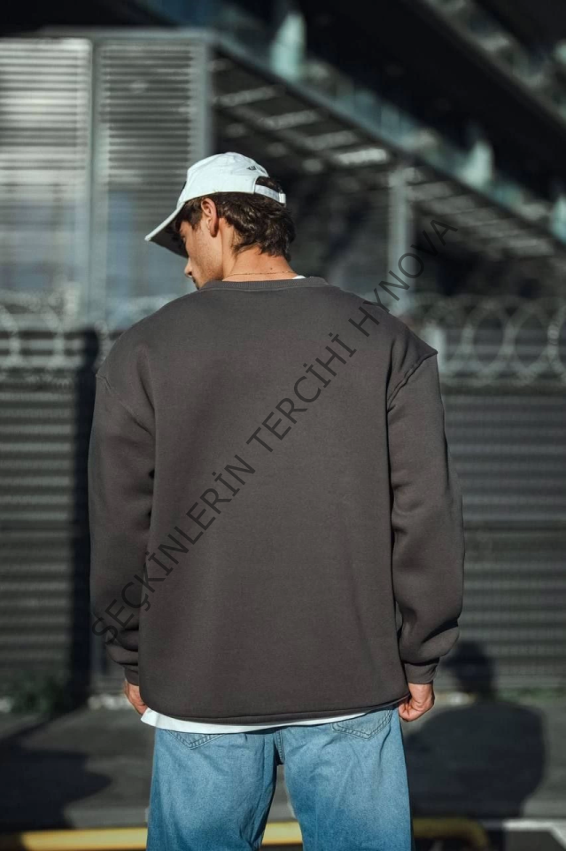 Kışlık Bisiklet Yaka Üç İplik Basic SweatShirt - Antrasit