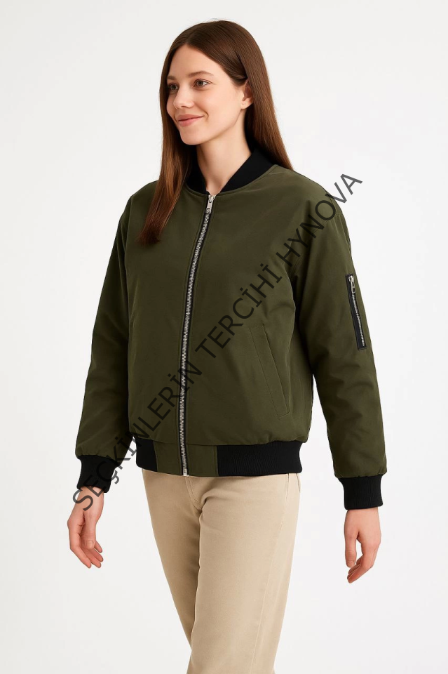 Içi Astarlı Fermuarlı Bomber Mont Ceket - Haki