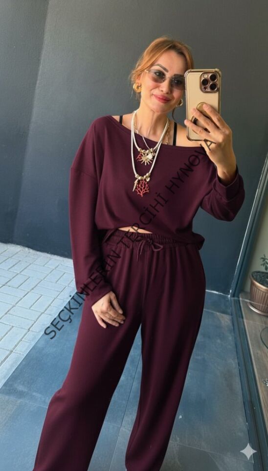 Kadın Uzun Kollu Tek Omuzdan Açık Viskon Iki Iplik Bluz Ve Pantolon Ikili Takım