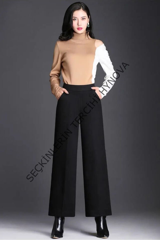 Kadın Siyah Geniş Paça Vintage Palazzo Pantolon – Modern ve Şık Tasarım