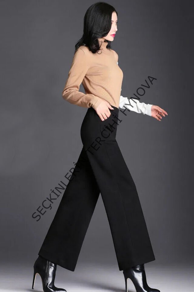 Kadın Siyah Geniş Paça Vintage Palazzo Pantolon – Modern ve Şık Tasarım