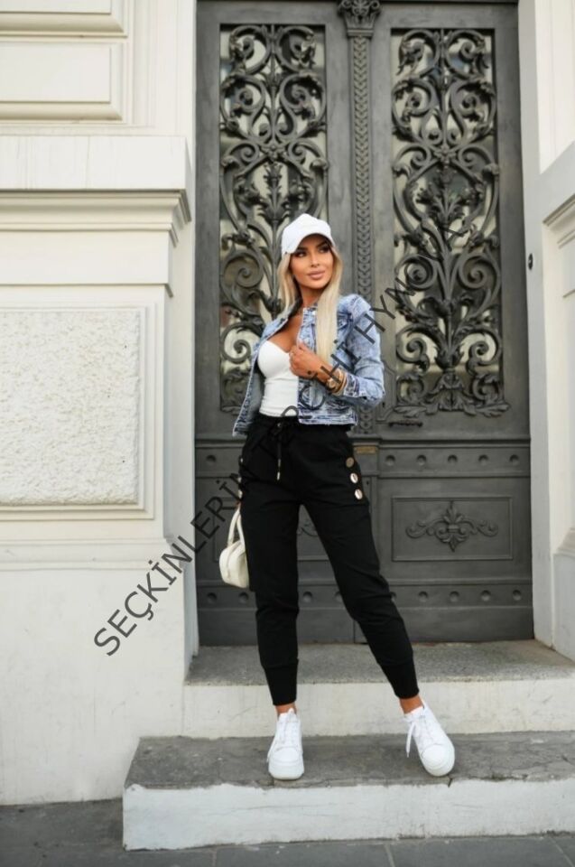 Kadın Yüksek Bel Lastikli Yanlardan Düğmeli Viskon Iki Iplik Pantolon