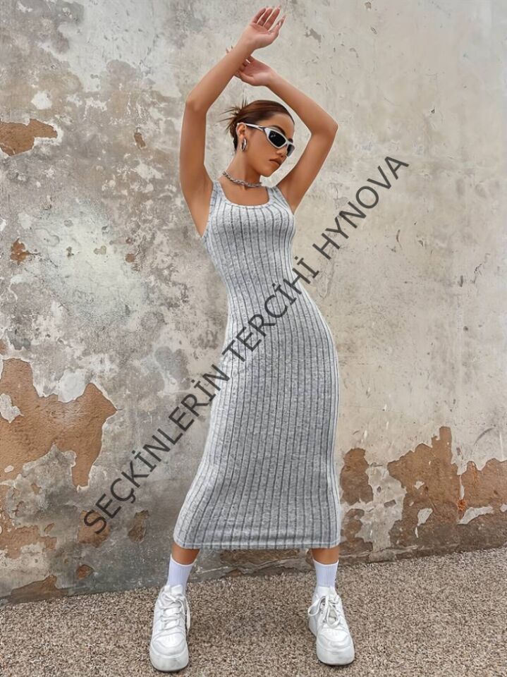 Kadın Kalın Askılı Kare Yaka Fitilli Kaşkorse Midi Boy Elbise