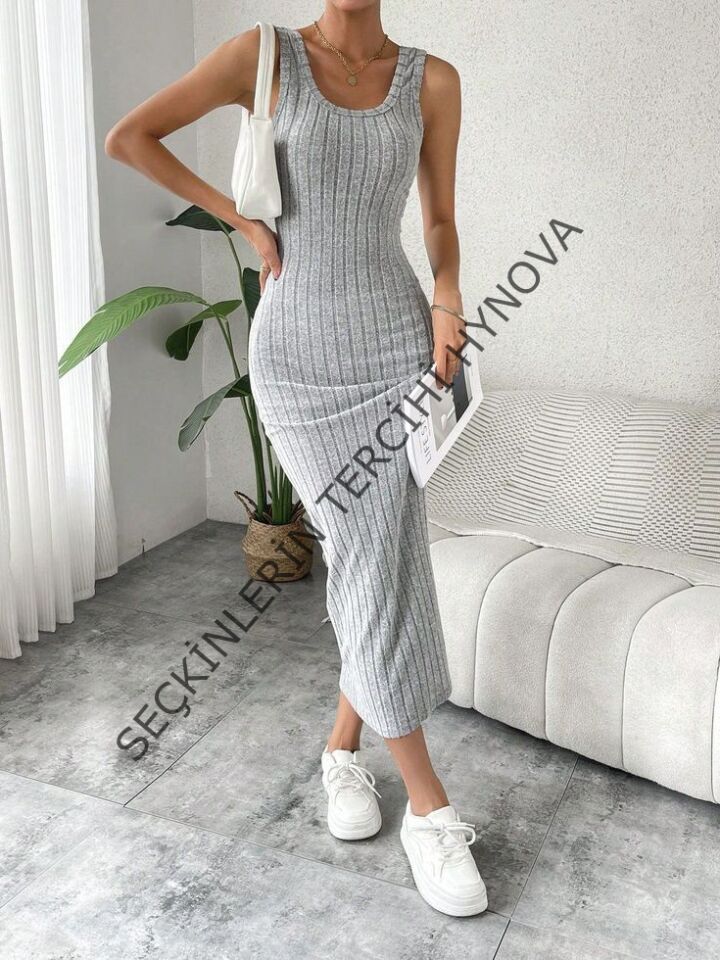 Kadın Kalın Askılı Kare Yaka Fitilli Kaşkorse Midi Boy Elbise