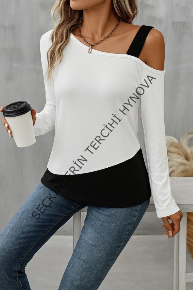 Kadın Tek Omuzu Açık Askılı çift Renkli Uzun Kollu Viskon Bluz