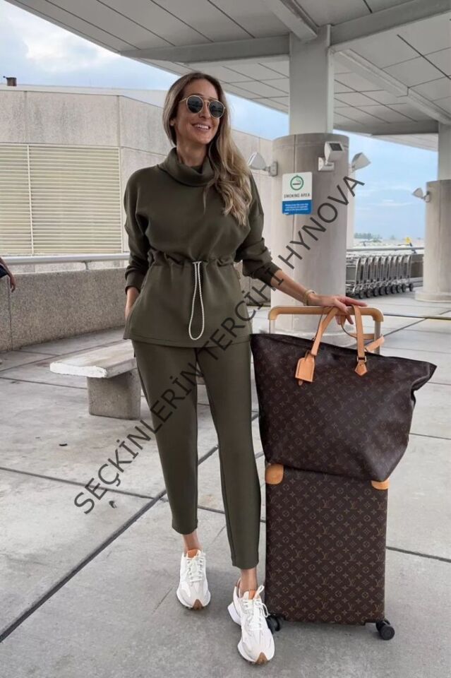 Kadın Uzun Kollu Balıkçı Yaka Belden Lastikli Modal Bluz Ve Pantolon Ikili Takım