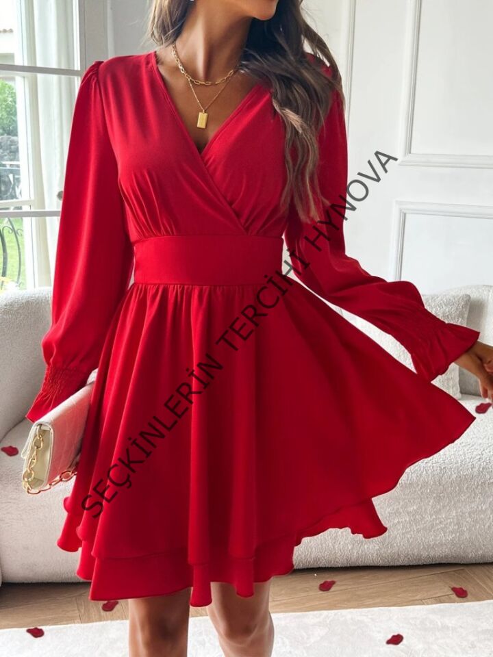 Kadın Uzun Kollu Kruvaze Yakalı Mini Sandy Elbise