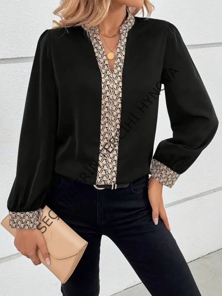 Kadın Uzun Kollu V Hakim Yakalı Desenli Ithal Krep Bluz