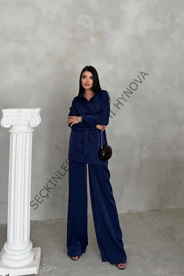 SİMLİ KUMAŞ SALAŞ PANTOLON - GÖMLEK TAKIM - Lacivert