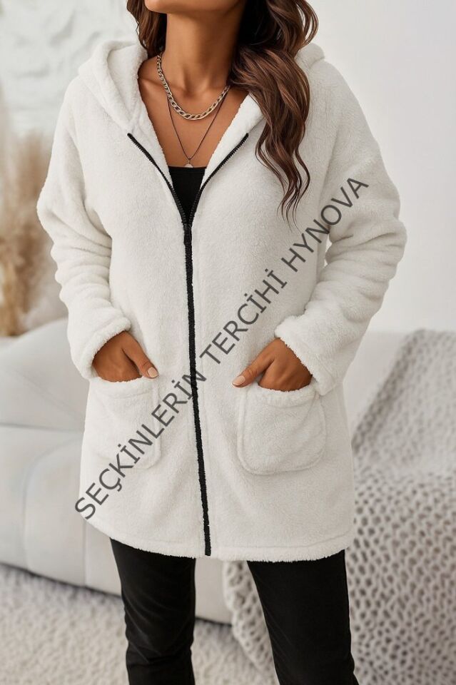 Kadın Uzun Kollu Kapşonlu önden Fermuarlı Cepli Welsoft Ceket