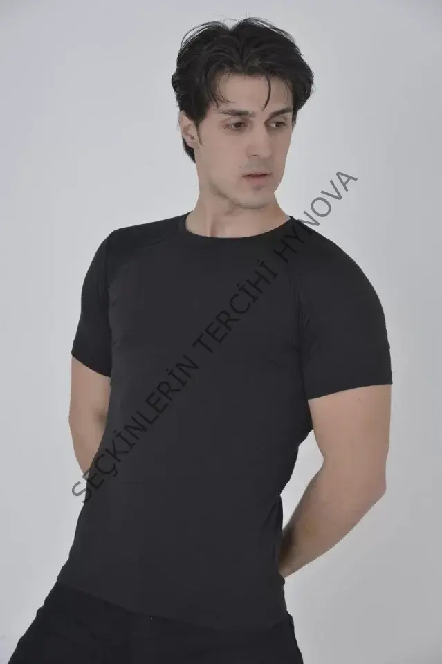 Erkek Omuz Fileli Slim Fit T-shirt - Siyah