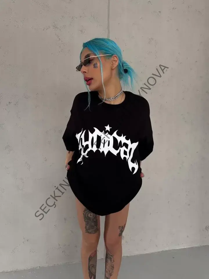 Unisex Bisiklet Yaka Baskılı Oversize T-Shirt - Siyah