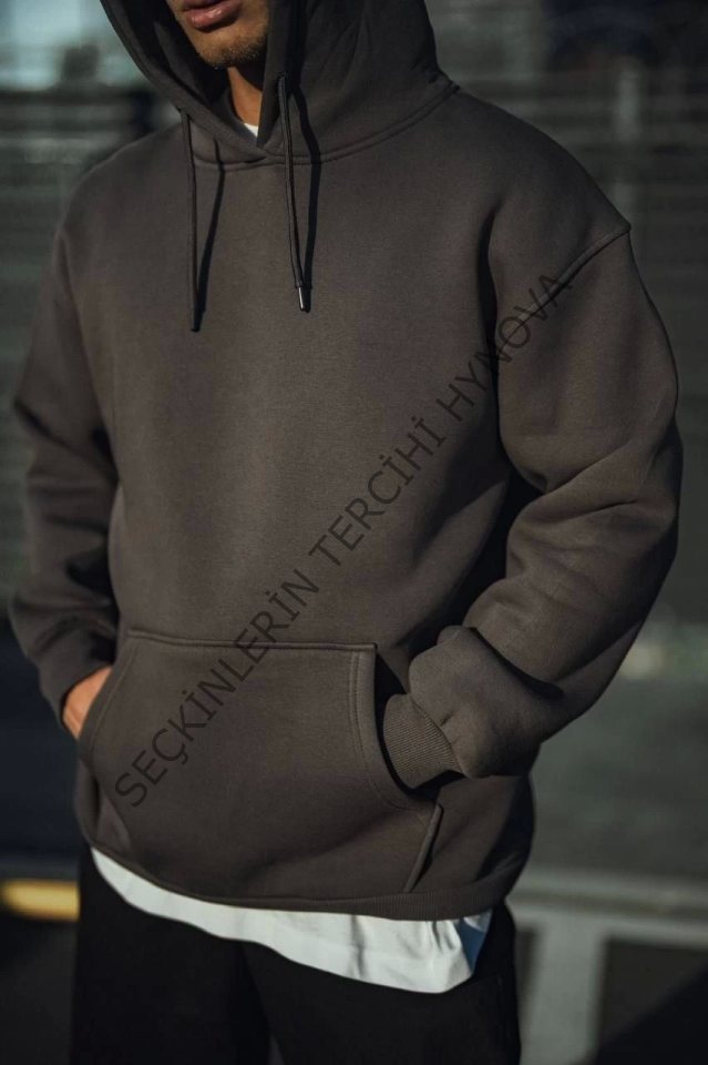 Üç İplik Penye Kapşonlu Basic SweatShirt - Antrasit