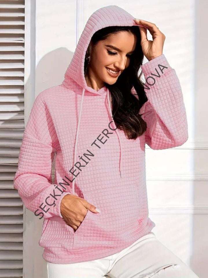 Kadın Uzun Kollu Kapşonlu Bağcıklı Cepli Capitone Sweatshirt