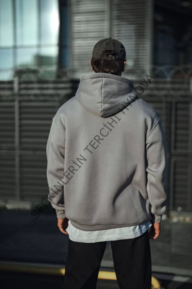Üç İplik Penye Kapşonlu Basic SweatShirt - Boyalı Gri