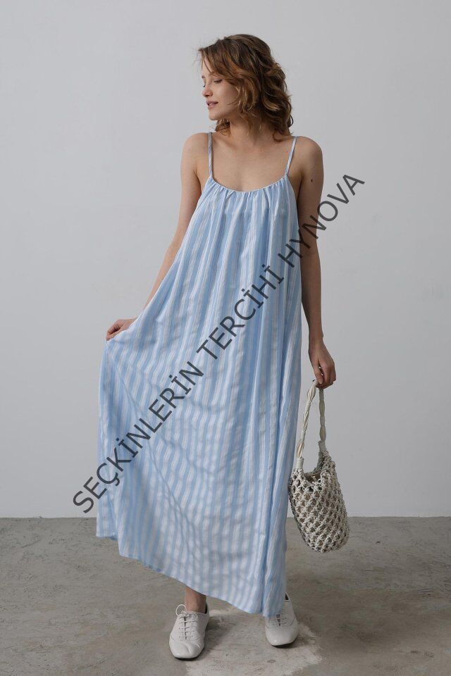 Askılı Çizgi Desen Elbise - Bebe Mavisi