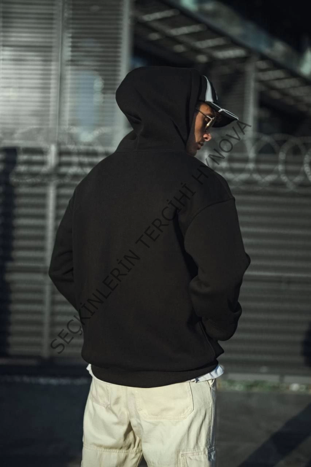 Üç İplik Penye Kapşonlu Basic SweatShirt - Siyah