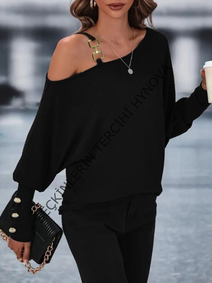 Kadın Uzun Kollu Tek Omuzdan Açık Askı Detaylı Waffle Bluz