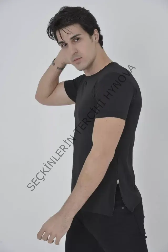 Erkek Yandan Fermuarli Slim Fit T-shirt - Siyah