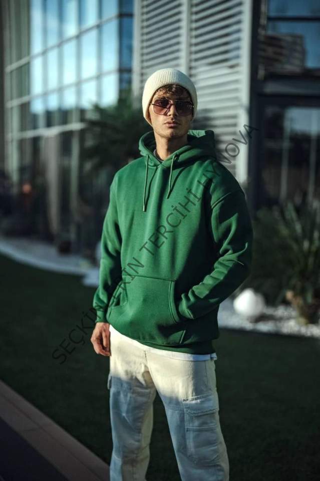 Üç İplik Penye Kapşonlu Basic SweatShirt - Haki