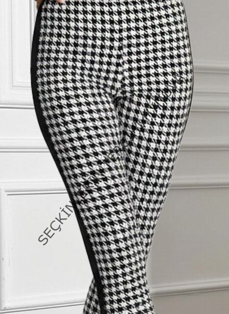 Kadın Yüksek Bel Kaz Ayağı Desenli Yanları şeritli Dalgıç Pantolon