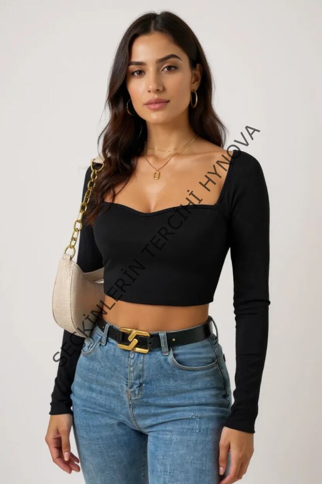 Kadın Siyah Uzun Kol Göğüs Dekolteli Şık Crop Top Bluz – Şık, Rahat ve Kolay Kombinlenebilir