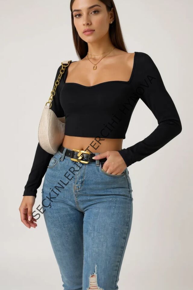 Kadın Siyah Uzun Kol Göğüs Dekolteli Şık Crop Top Bluz – Şık, Rahat ve Kolay Kombinlenebilir