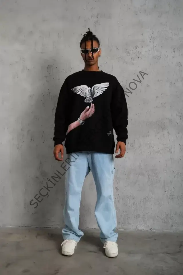 Erkek Güvercin Baskılı Sweatshirt - Siyah