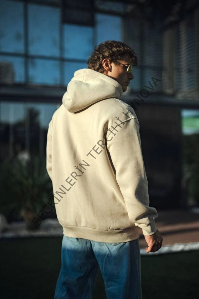 Üç İplik Penye Kapşonlu Basic SweatShirt - Bej