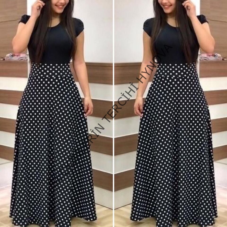 Kadın Kısa Kollu Puan Desen Tam Boy Krep Elbise