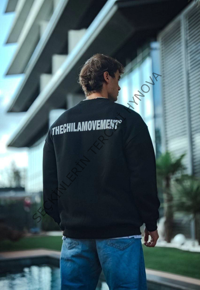 Kışlık Bisiklet Yaka Oversize Baskılı SweatShirt - Siyah