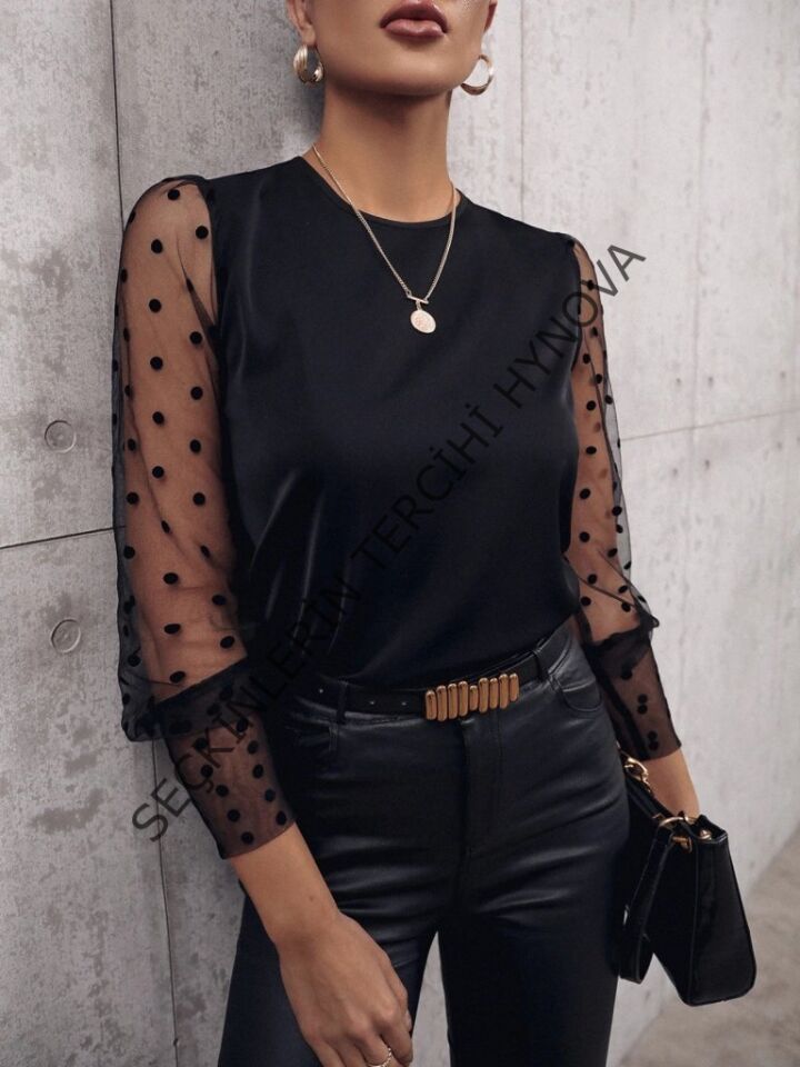 Kadın Uzun Kollu Bisiklet Yaka Kollar Puantiyeli Tül Detaylı Sandy Bluz