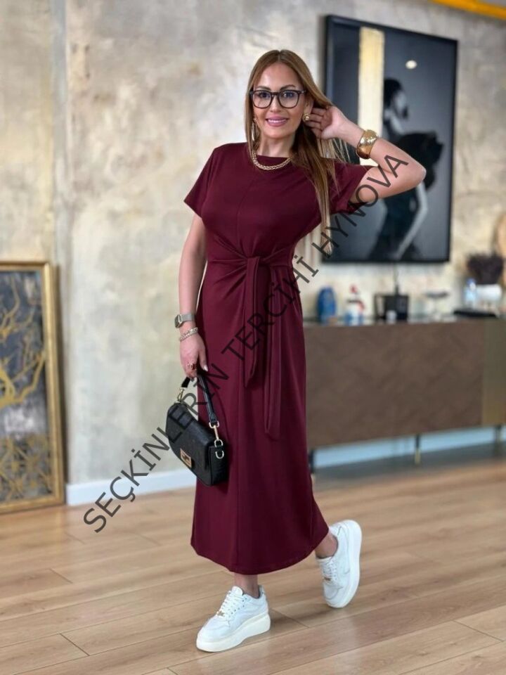 Kadın Kısa Kollu Bisiklet Yaka Yandan Bağlamalı Viskon Iki Iplik Elbise