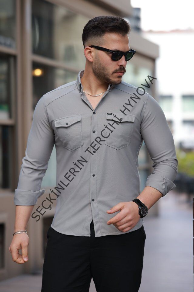 Erkek çift Cepli çıtçıt Düğmeli Uzun Kollu Gömlek