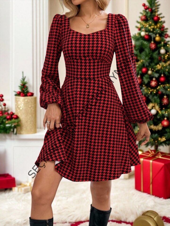 Kadın Uzun Kollu Kare Kalp Yakalı Mini Modal Elbise